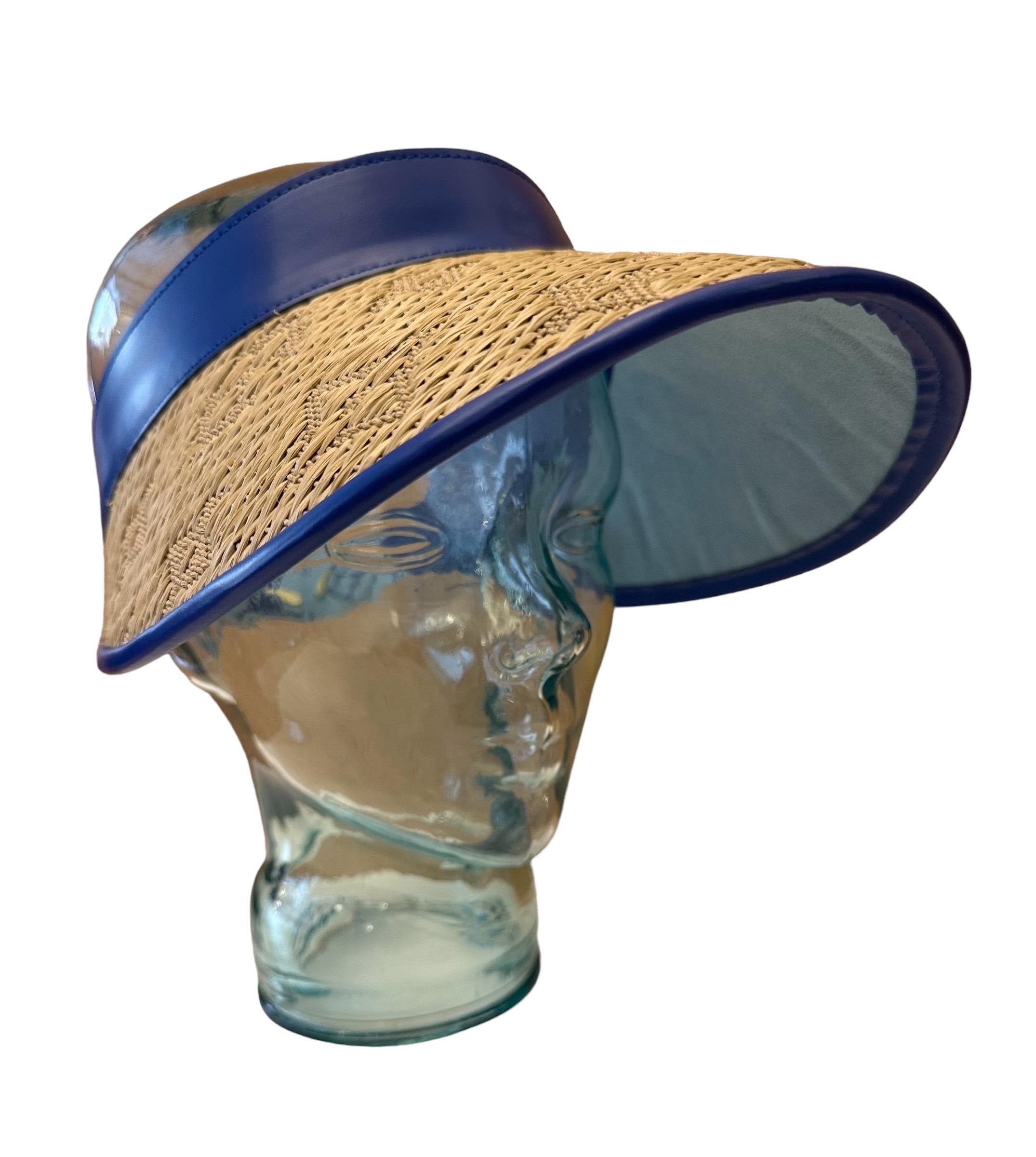 Louis Vuitton Blue Calfskin Raffia Monogram Strawgram Visor In Excellent Condition In Geneva, CH