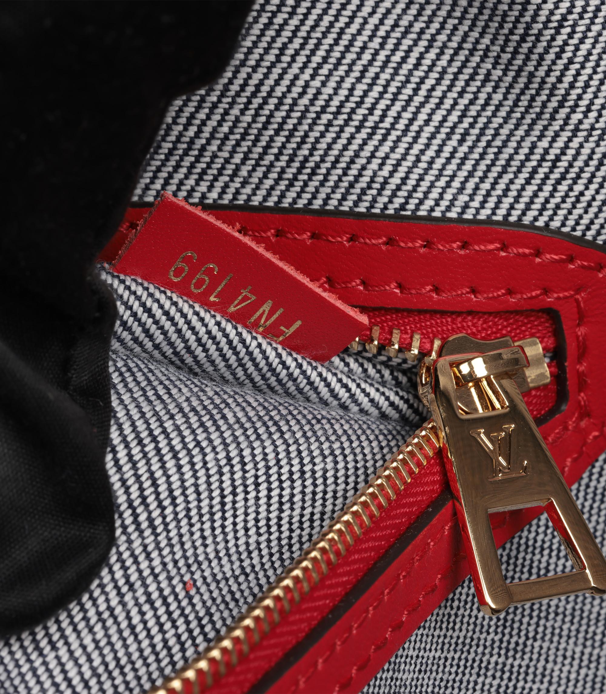 Louis Vuitton Blue Damier Patchwork Denim & Red Calfskin Leather Onthego GM For Sale 6