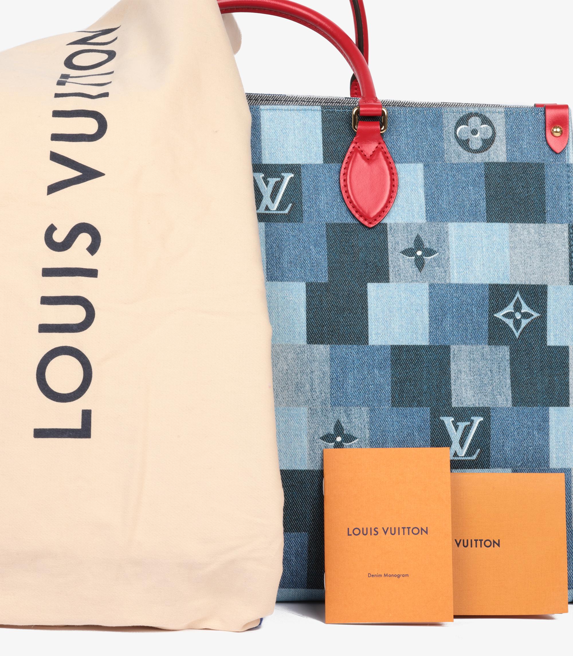 Louis Vuitton Blue Damier Patchwork Denim & Red Calfskin Leather Onthego GM For Sale 7