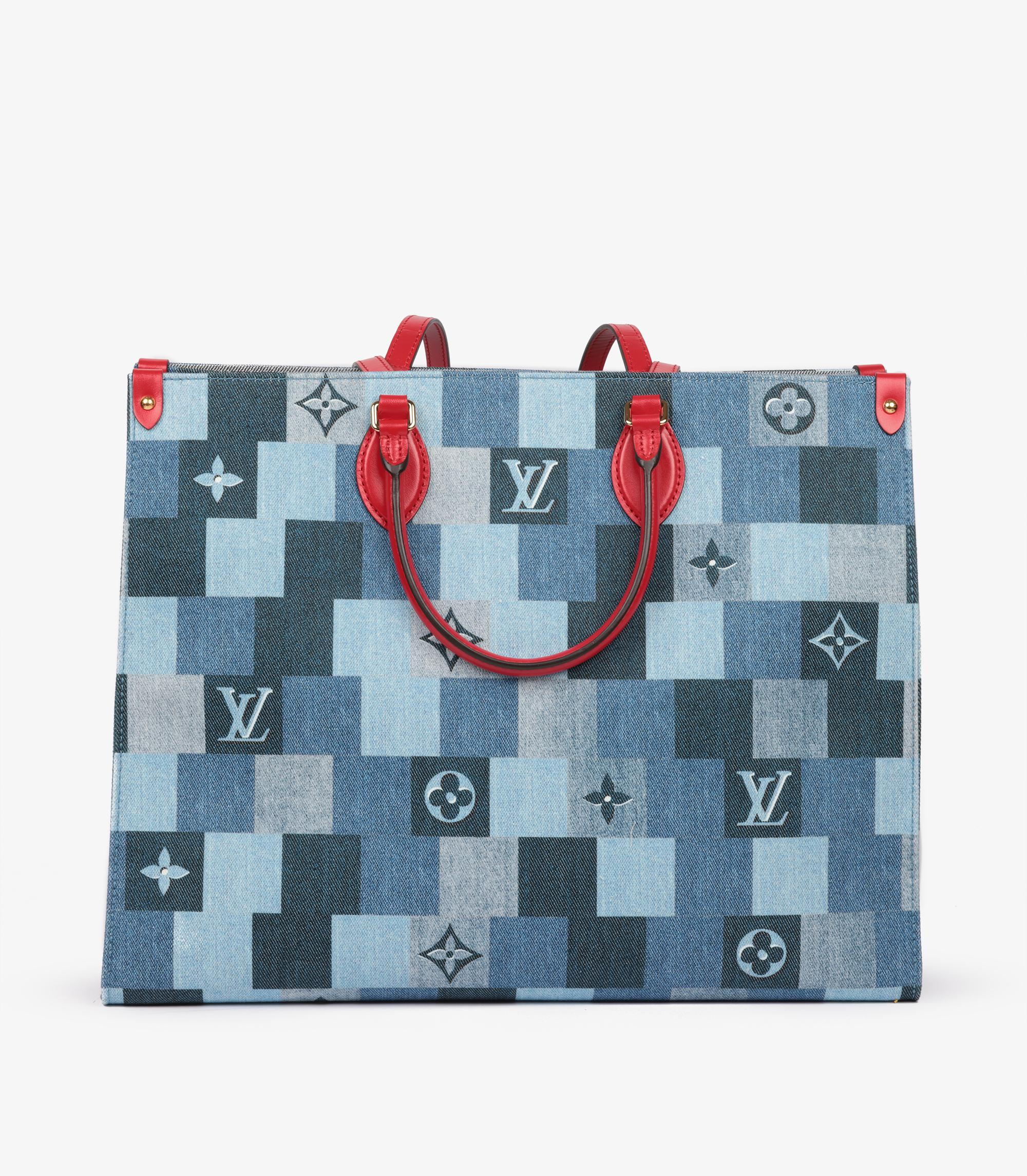 Louis Vuitton Blue Damier Patchwork Denim & Red Calfskin Leather Onthego GM

Brand- Louis Vuitton
Model- Onthego GM
Product Type- Shoulder, Tote
Serial Number- FN****
Age- Circa 2019
Accompanied By- Louis Vuitton Dust Bag, Receipt, Care Booklet, LV
