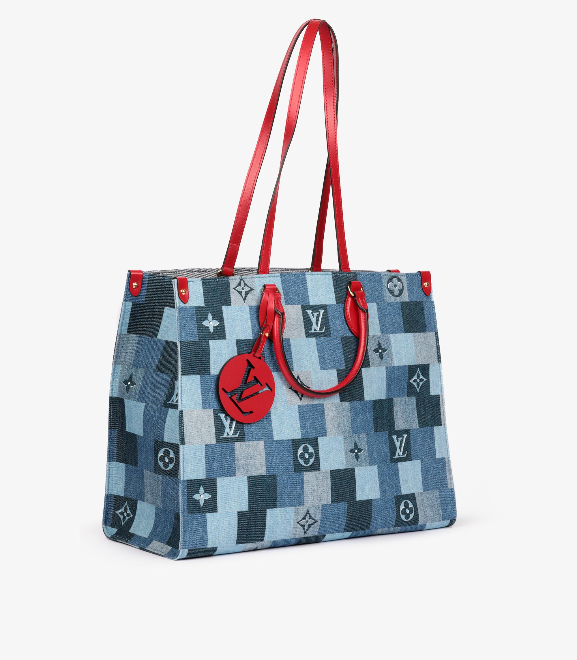 Louis Vuitton Blue Damier Patchwork Denim & Red Calfskin Leather Onthego GM In New Condition For Sale In Bishop's Stortford, Hertfordshire
