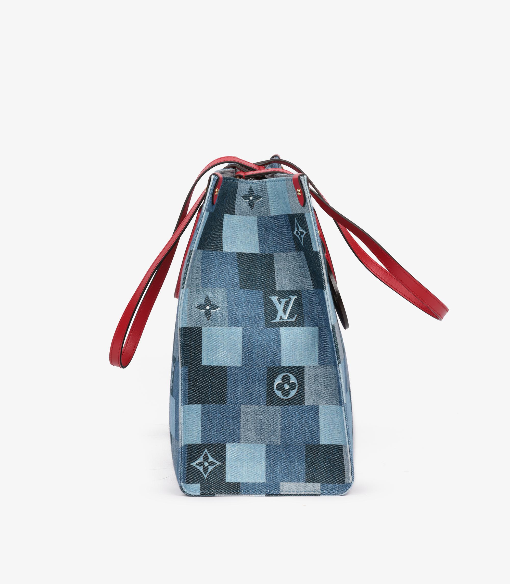 Women's or Men's Louis Vuitton Blue Damier Patchwork Denim & Red Calfskin Leather Onthego GM For Sale