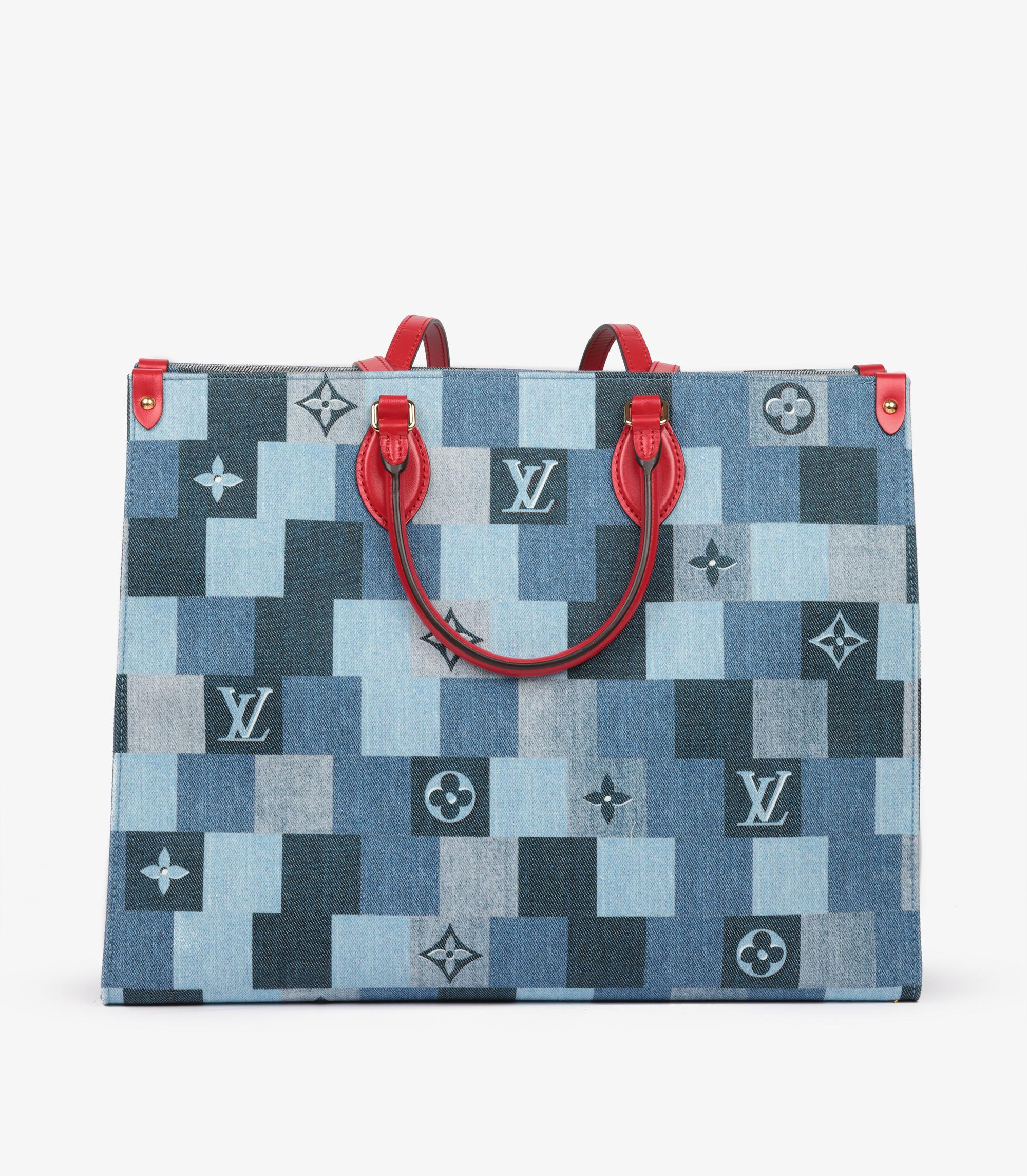 Louis Vuitton Blue Damier Patchwork Denim & Red Calfskin Leather Onthego GM For Sale 1