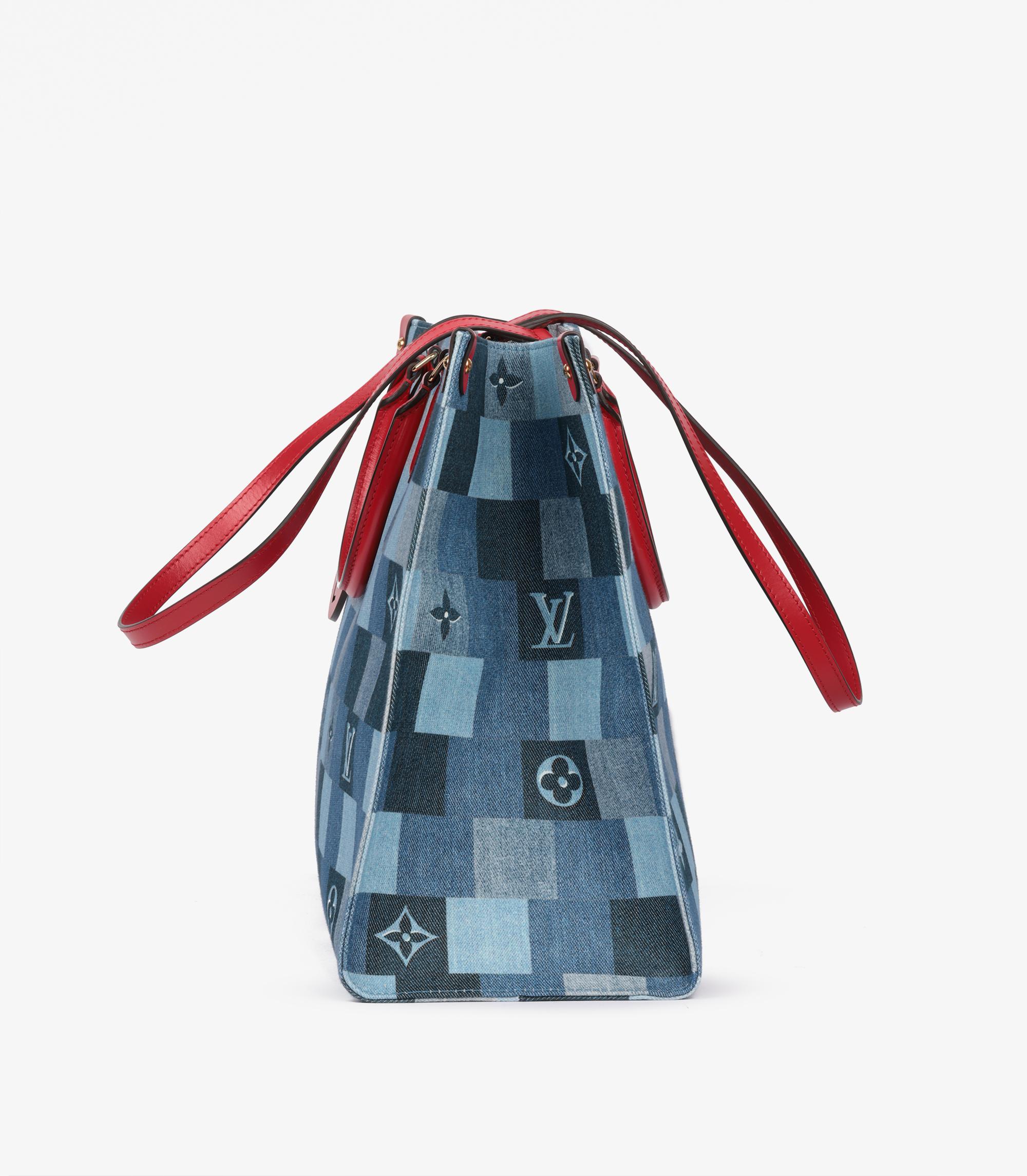 Louis Vuitton Blue Damier Patchwork Denim & Red Calfskin Leather Onthego GM For Sale 2