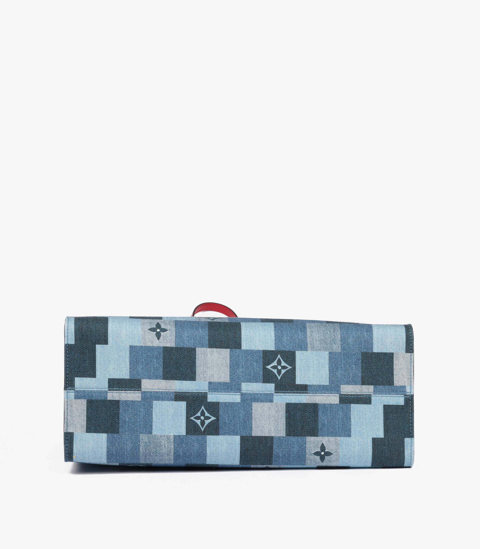 Louis Vuitton Blue Damier Patchwork Denim & Red Calfskin Leather Onthego GM For Sale 3