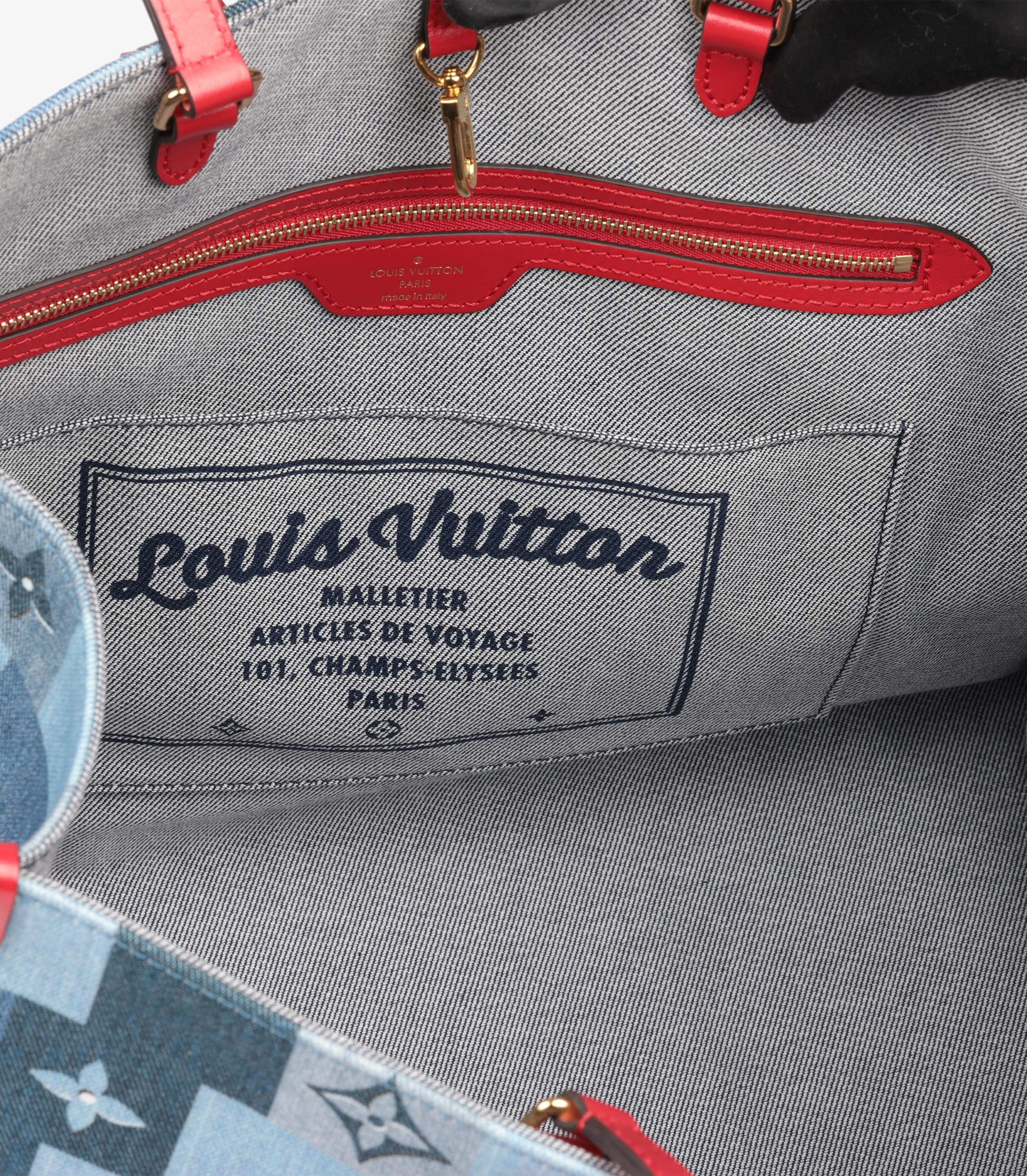 Louis Vuitton Blue Damier Patchwork Denim & Red Calfskin Leather Onthego GM For Sale 4