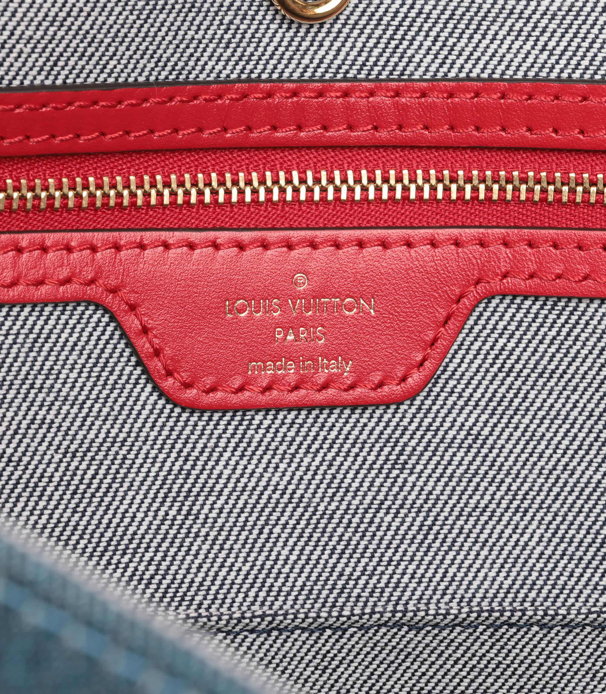Louis Vuitton Blue Damier Patchwork Denim & Red Calfskin Leather Onthego GM For Sale 5