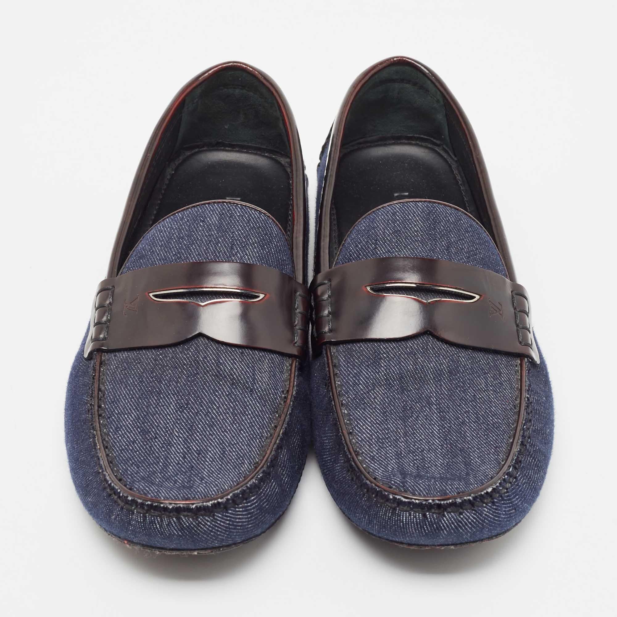 Men's Louis Vuitton Blue Denim And Brown Leather Penny Loafers Size 43 For Sale