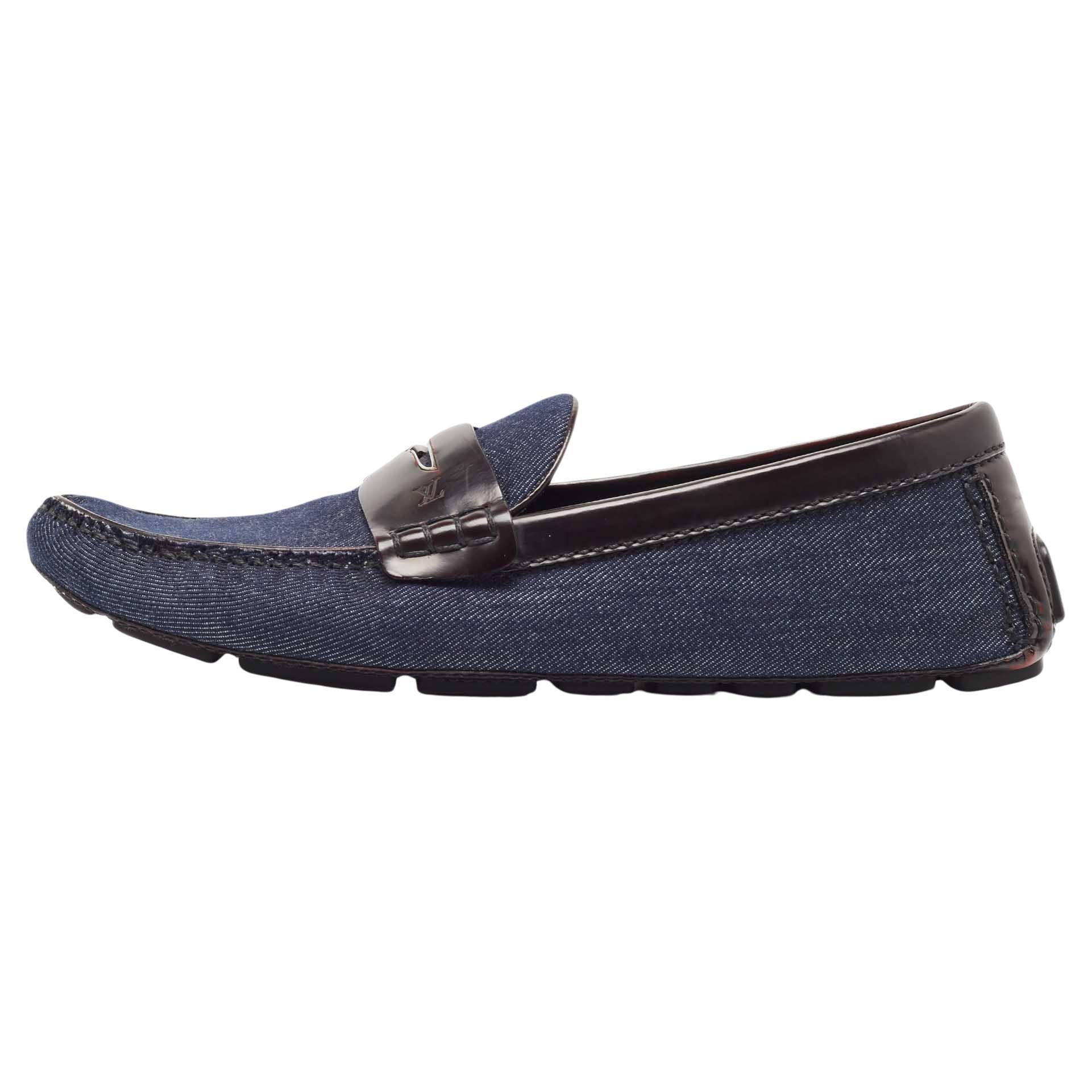 Louis Vuitton Blue Denim And Brown Leather Penny Loafers Size 43 For Sale