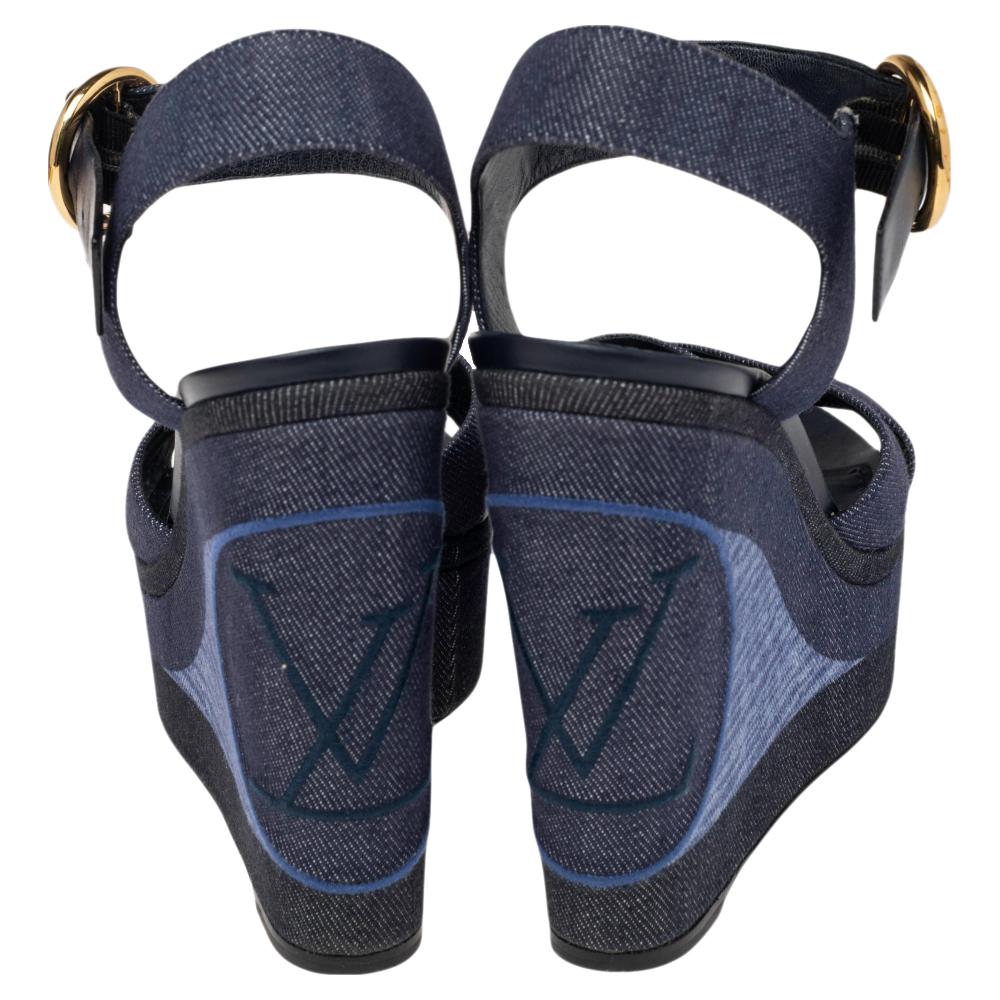 Black Louis Vuitton Blue Denim and Leather Ocean Criss Cross Wedge Sandals Size 39