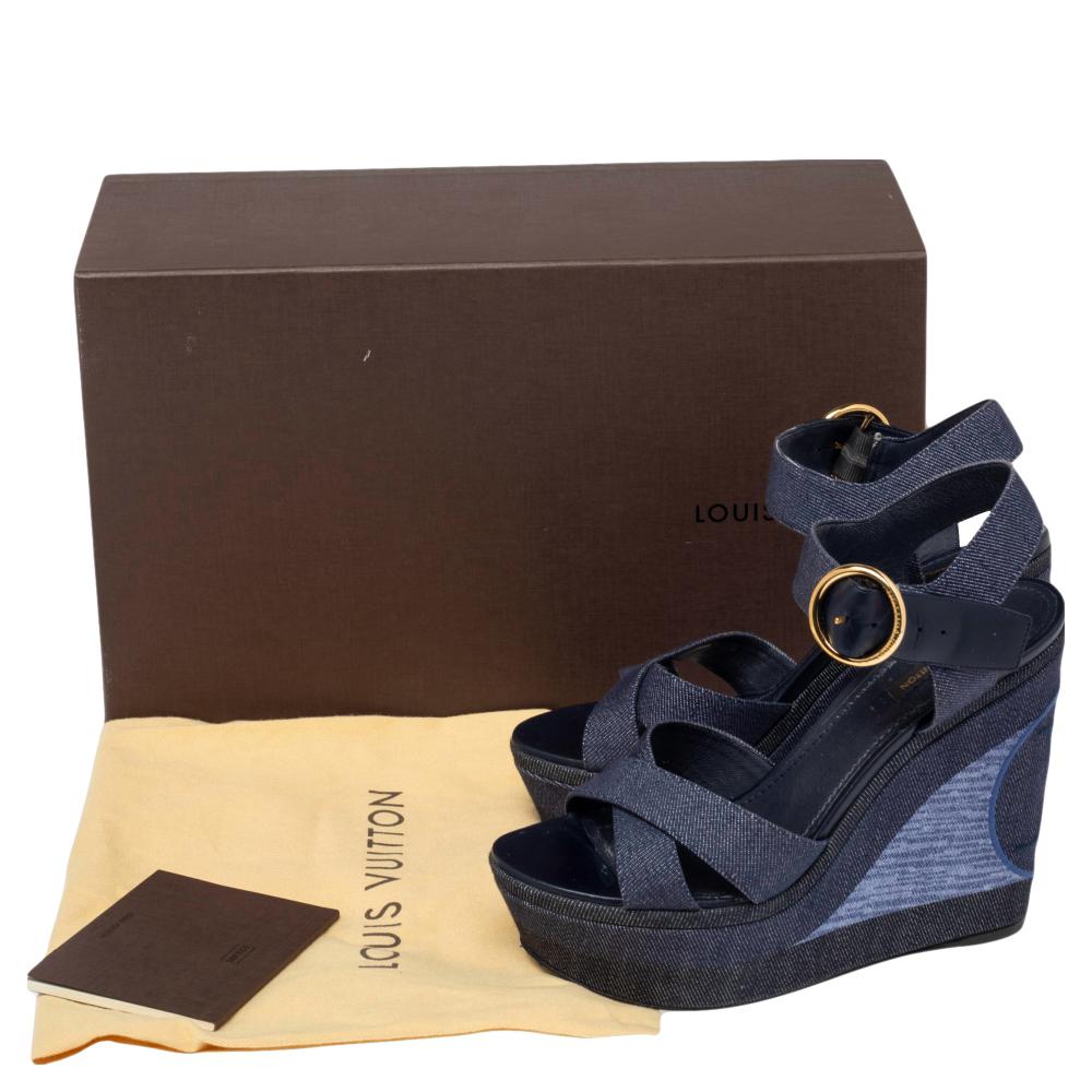Louis Vuitton Blue Denim and Leather Ocean Criss Cross Wedge Sandals Size 39 1