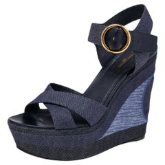 Used Louis Vuitton Blue Denim and Leather Ocean Criss Cross Wedge Sandals Size 39