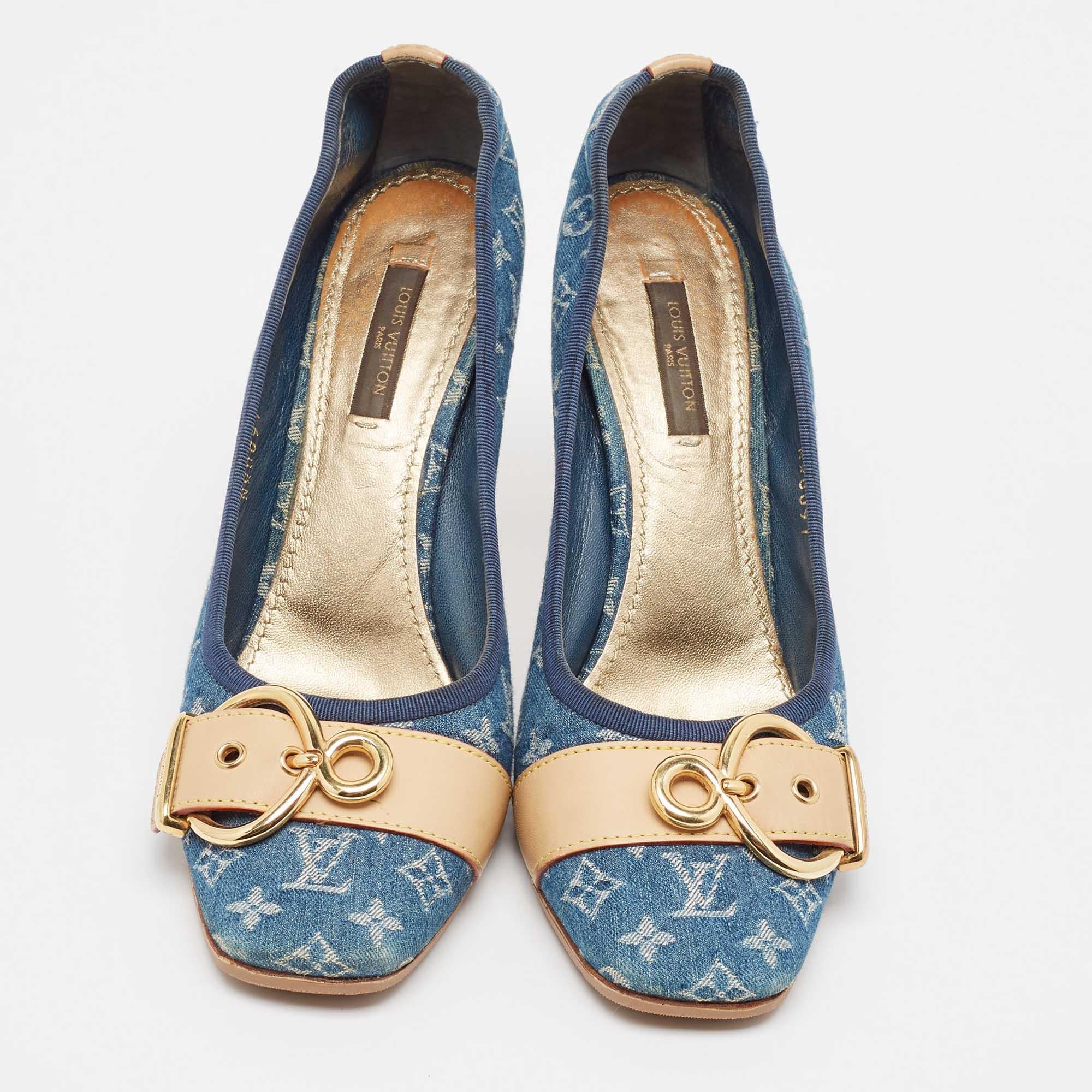 Gray Louis Vuitton Blue Denim and Leather Pumps Size 37.5