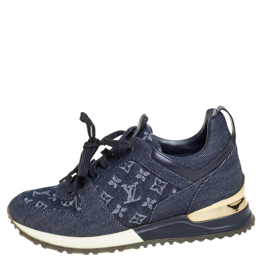 Made to provide comfort, these Run Away sneakers by Louis Vuitton are trendy and stylish. They've been crafted from monogram denim and leather and designed with lace-up vamps, pull-tabs, and the label on the metal inserts. Wear them with your casual