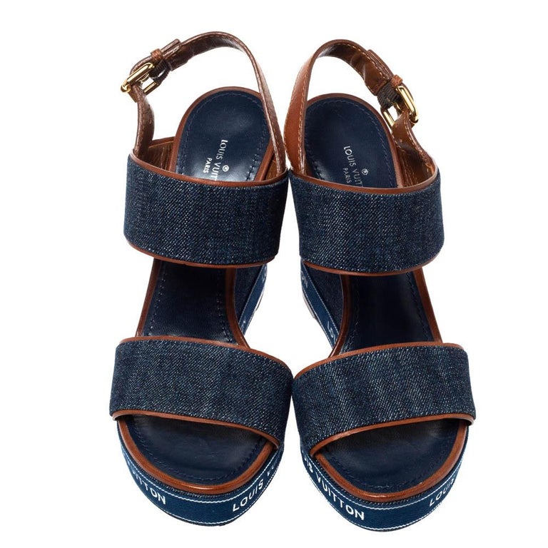 Louis Vuitton Blue Denim Monogram Denim Wood Platform Sandal Heels Size 7.5  - Yoogi's Closet