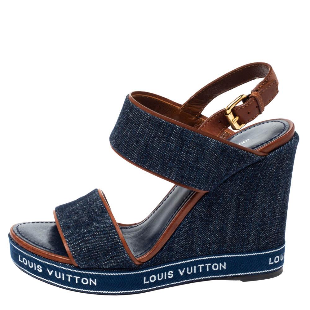 Black Louis Vuitton Blue Denim Ankle Strap Wedge Platform Sandals Size 37.5