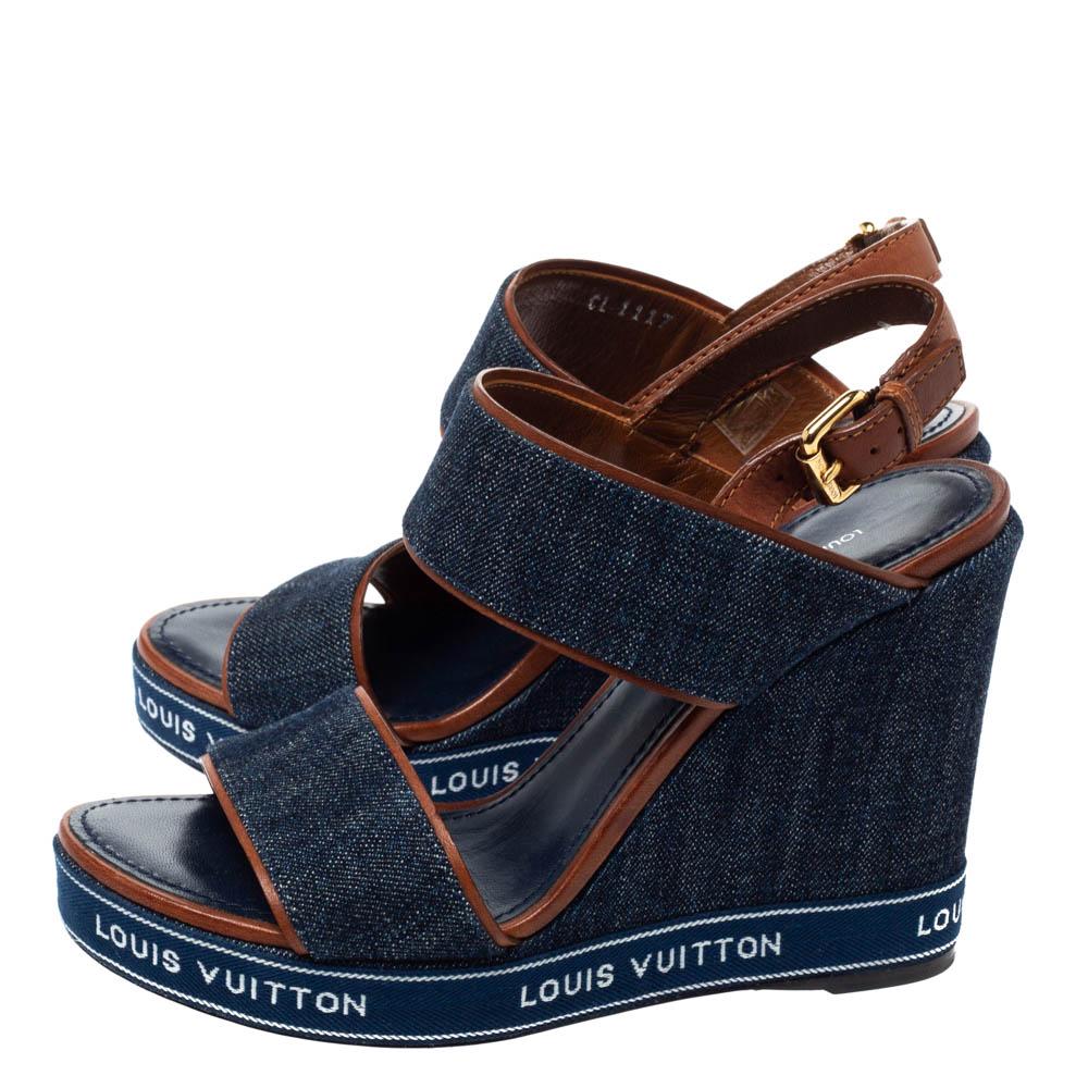 Women's Louis Vuitton Blue Denim Ankle Strap Wedge Platform Sandals Size 37.5