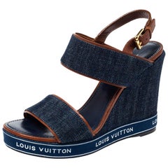 Louis Vuitton Blue Denim Ankle Strap Wedge Platform Sandals Size 37.5