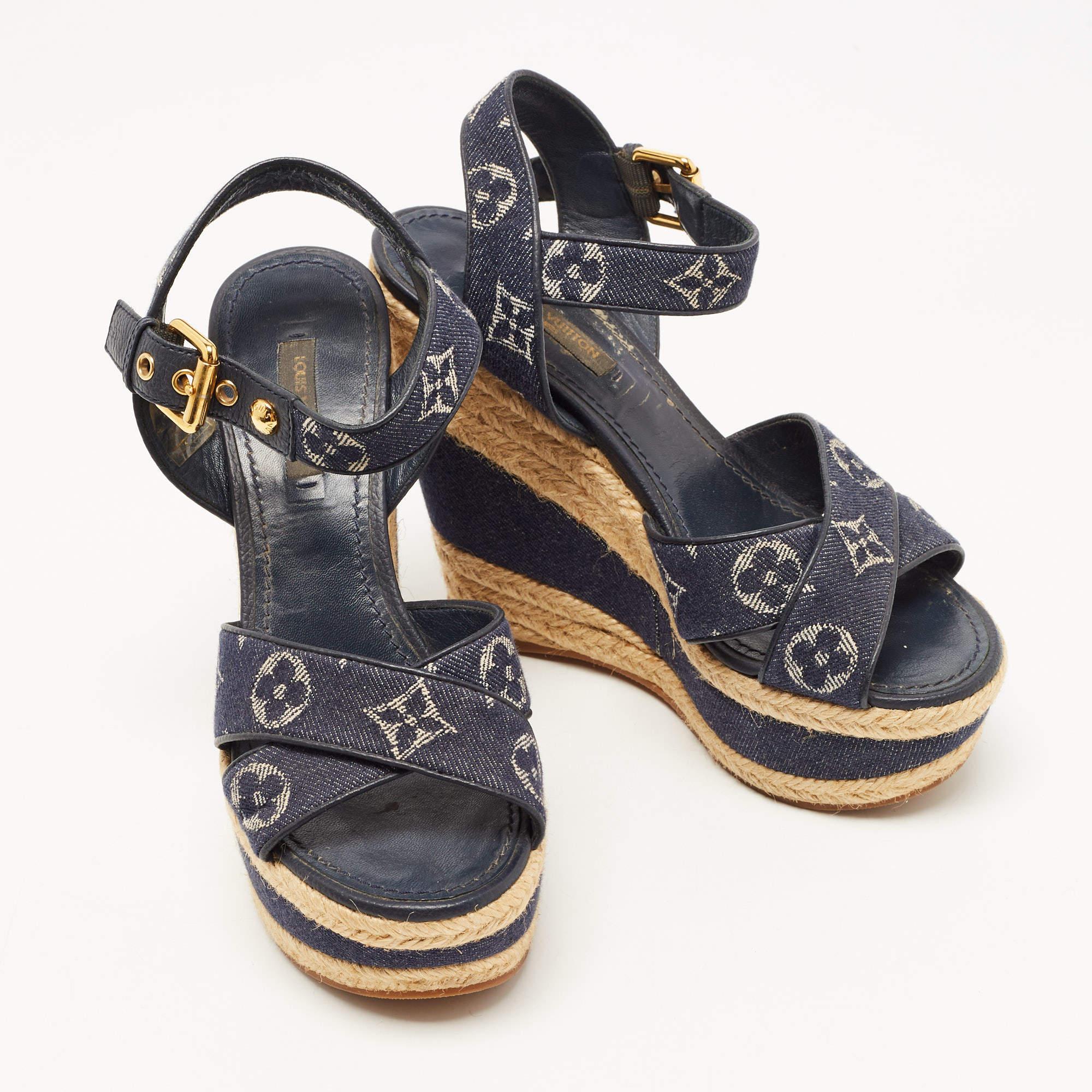 Black Louis Vuitton Blue Denim Formentera Ankle Strap Platform Wedge Sandals Size 36