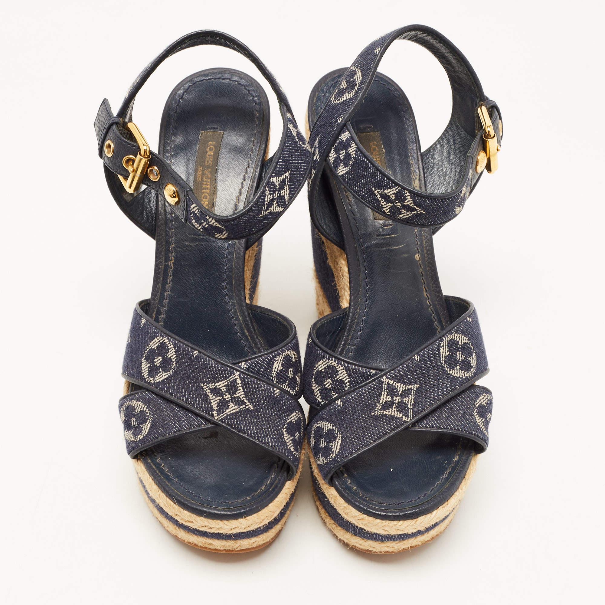 Louis Vuitton Blue Denim Formentera Ankle Strap Platform Wedge Sandals Size 36 1