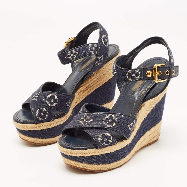 Louis Vuitton Blue/Brown Denim And Leather Wedge Slingback Sandals Size  38.5 at 1stDibs