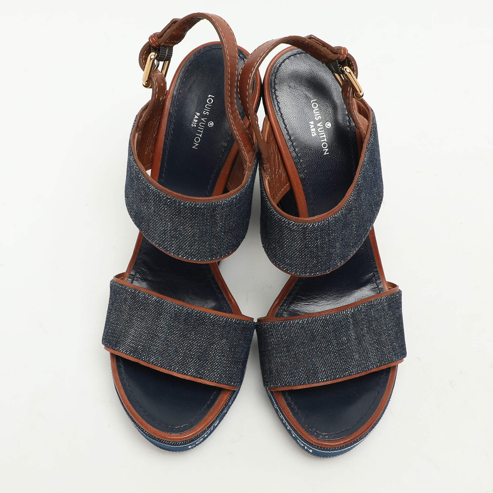 Black Louis Vuitton Blue Denim Wedge Ankle Strap Sandals Size 39