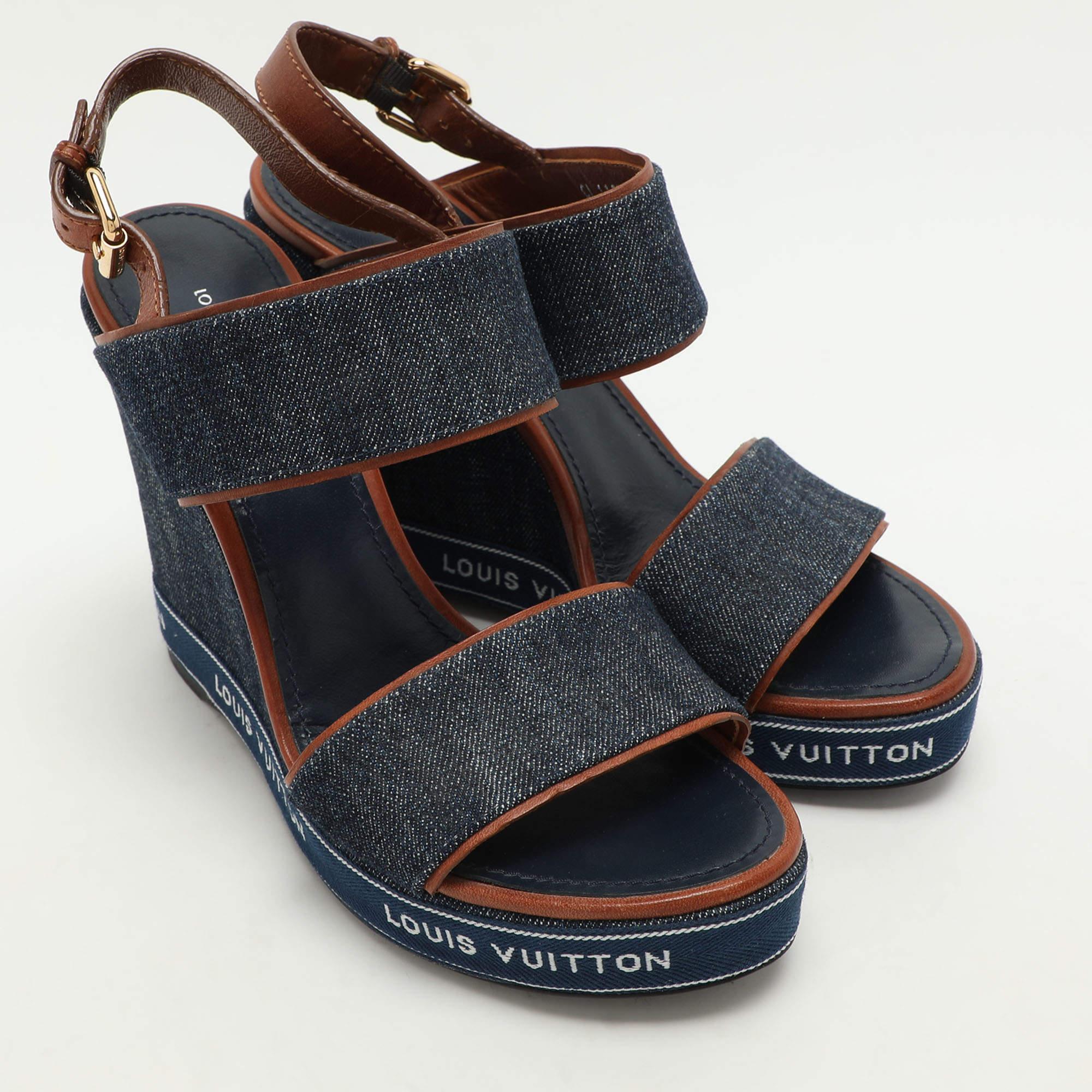Louis Vuitton Blue Denim Wedge Ankle Strap Sandals Size 39 In Excellent Condition In Dubai, Al Qouz 2
