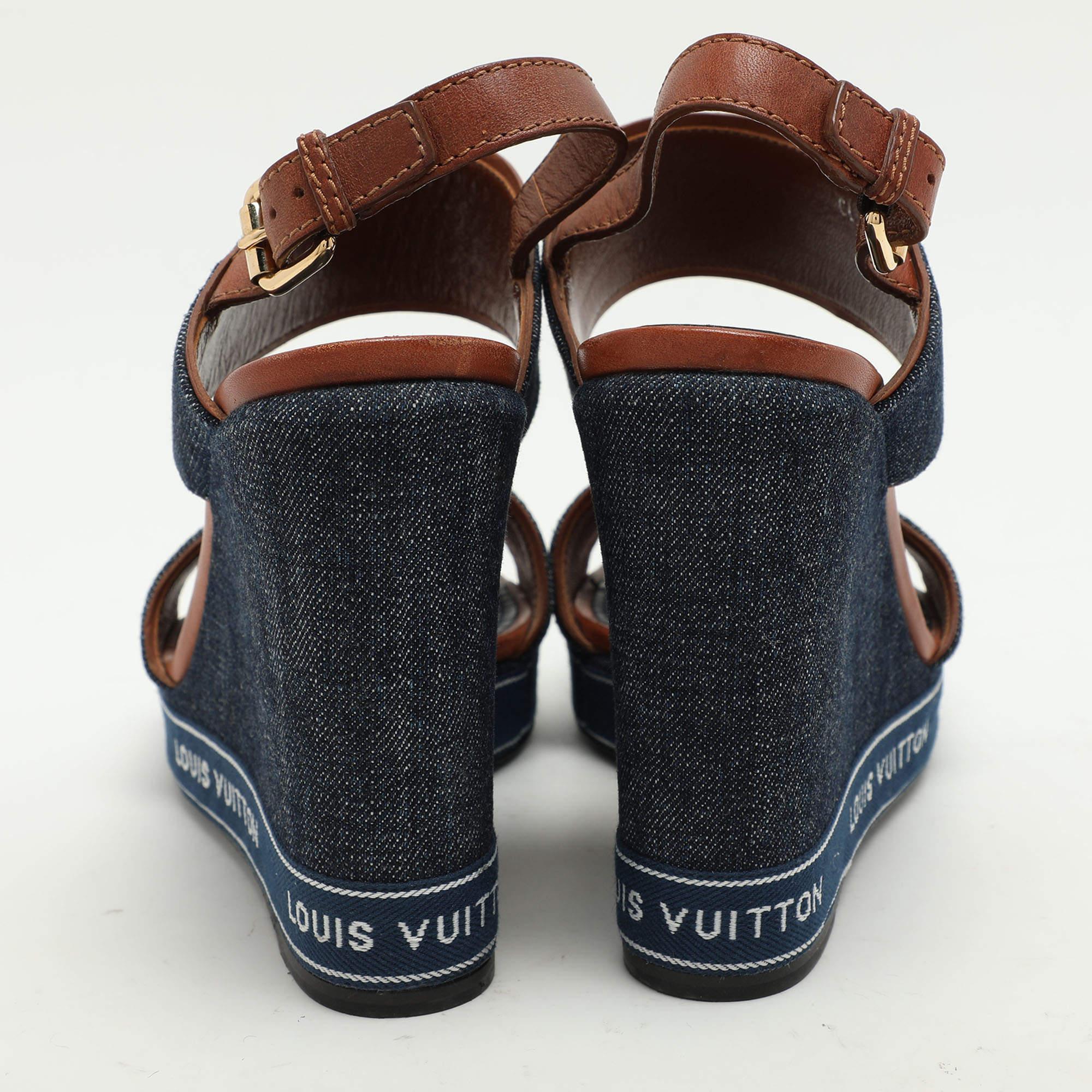Women's Louis Vuitton Blue Denim Wedge Ankle Strap Sandals Size 39