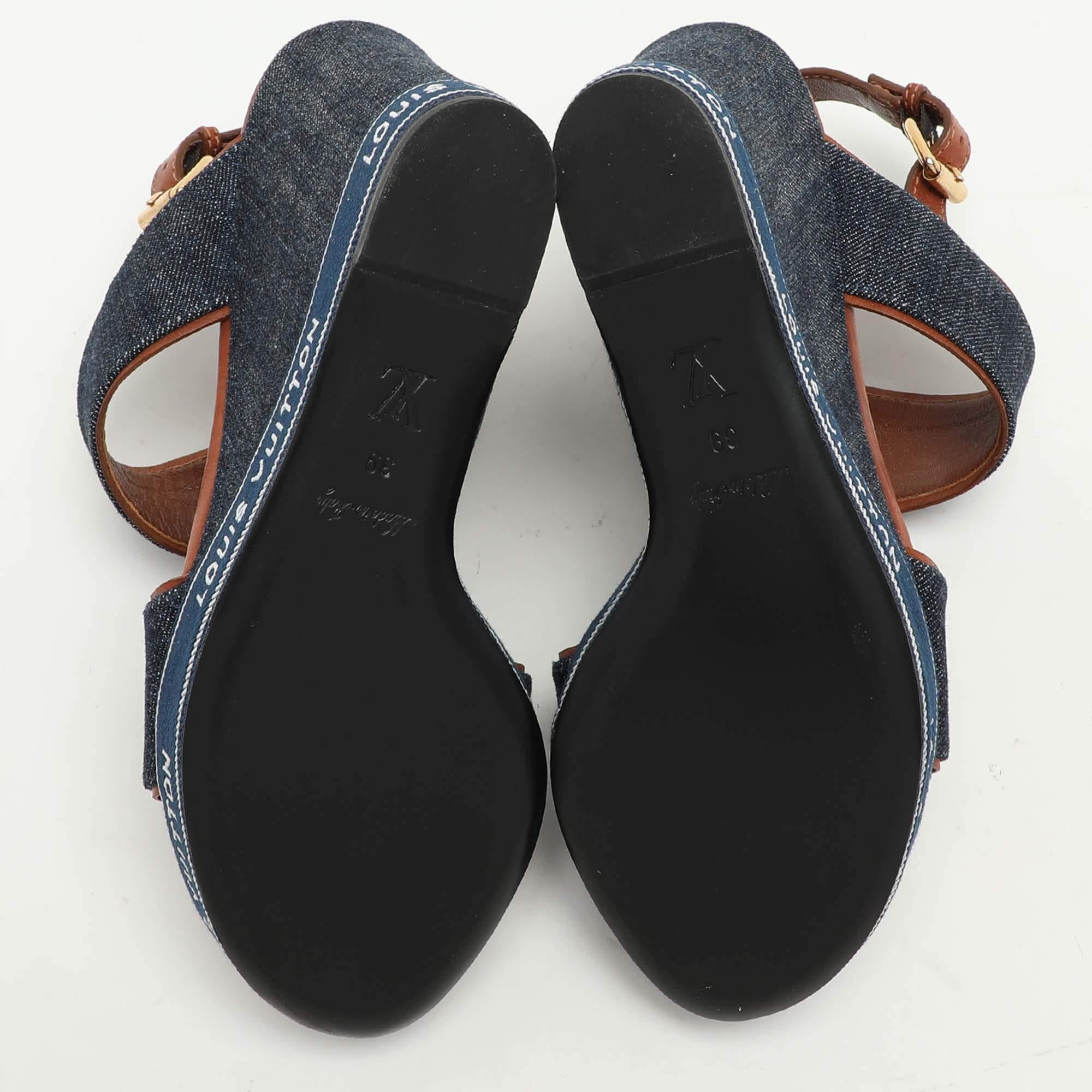Louis Vuitton Blue Denim Wedge Ankle Strap Sandals Size 39 1