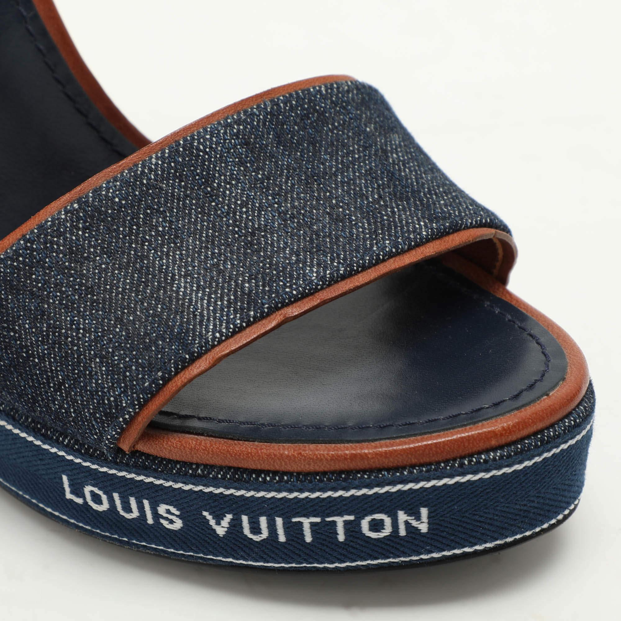 Louis Vuitton Blue Denim Wedge Ankle Strap Sandals Size 39 2
