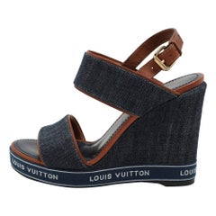 Louis Vuitton Blue Denim Wedge Ankle Strap Sandals Size 39