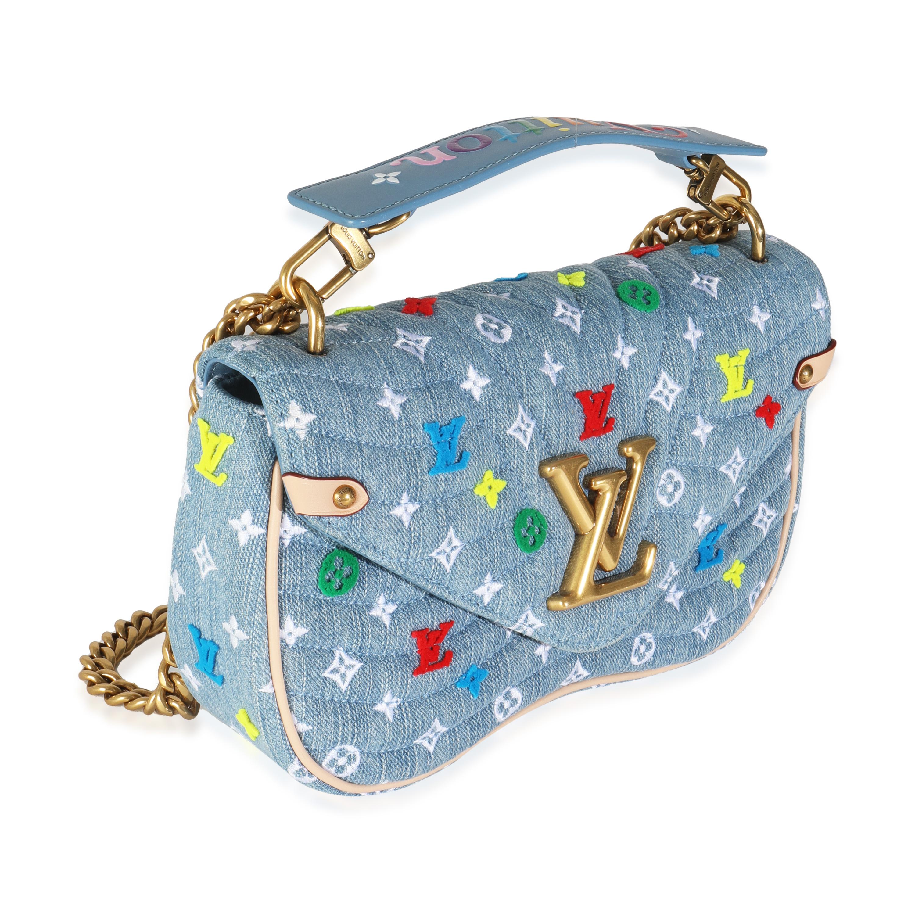 Gray Louis Vuitton Blue Embroidered Monogram Denim New Wave MM