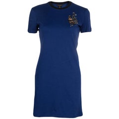 Louis Vuitton Blue Embroidered Motif Detail Crew Neck T-Shirt Dress S ...