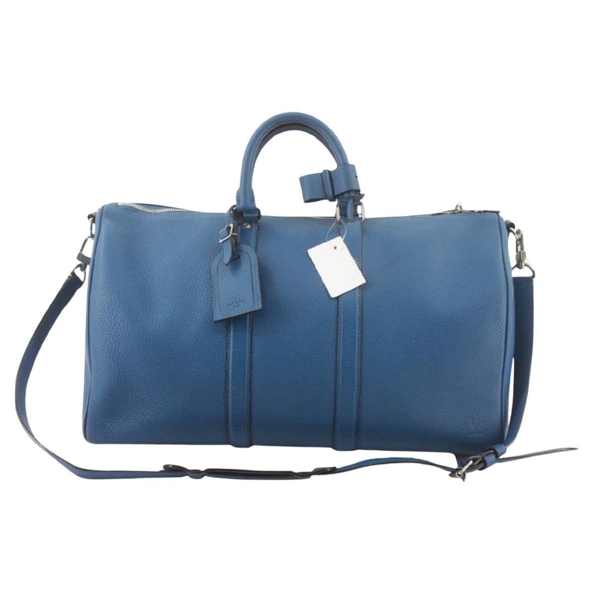Louis Vuitton Blue Epi Leather Keepall 45cm Bandouliere Duffle Bag For Sale