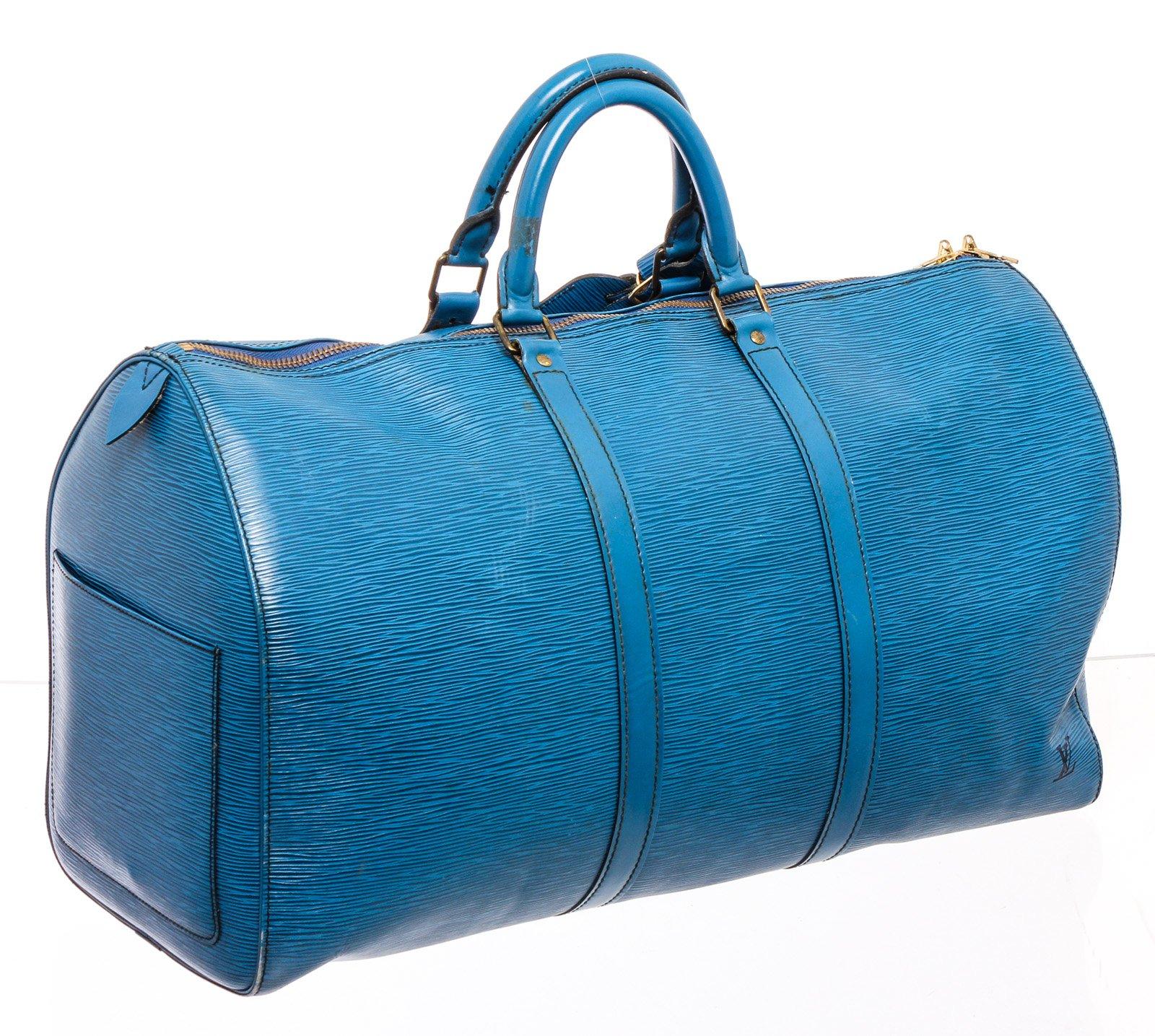 Louis Vuitton Blue Epi Leather Keepall 55 cm Duffle Bag Luggage In Good Condition In Irvine, CA