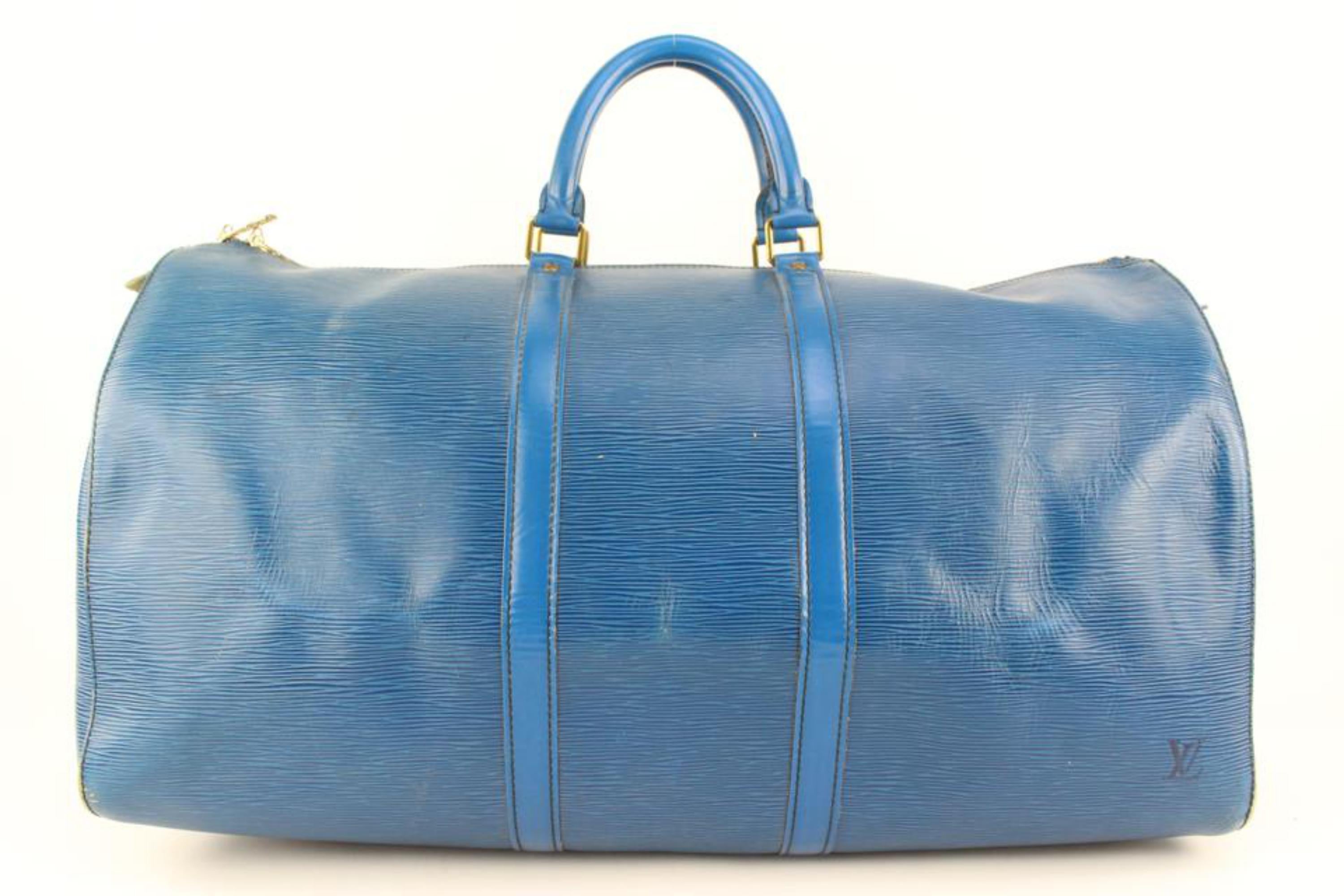 Louis Vuitton Blue Epi Leather Keepall 55 Duffle Bag 113lv48 For Sale 5