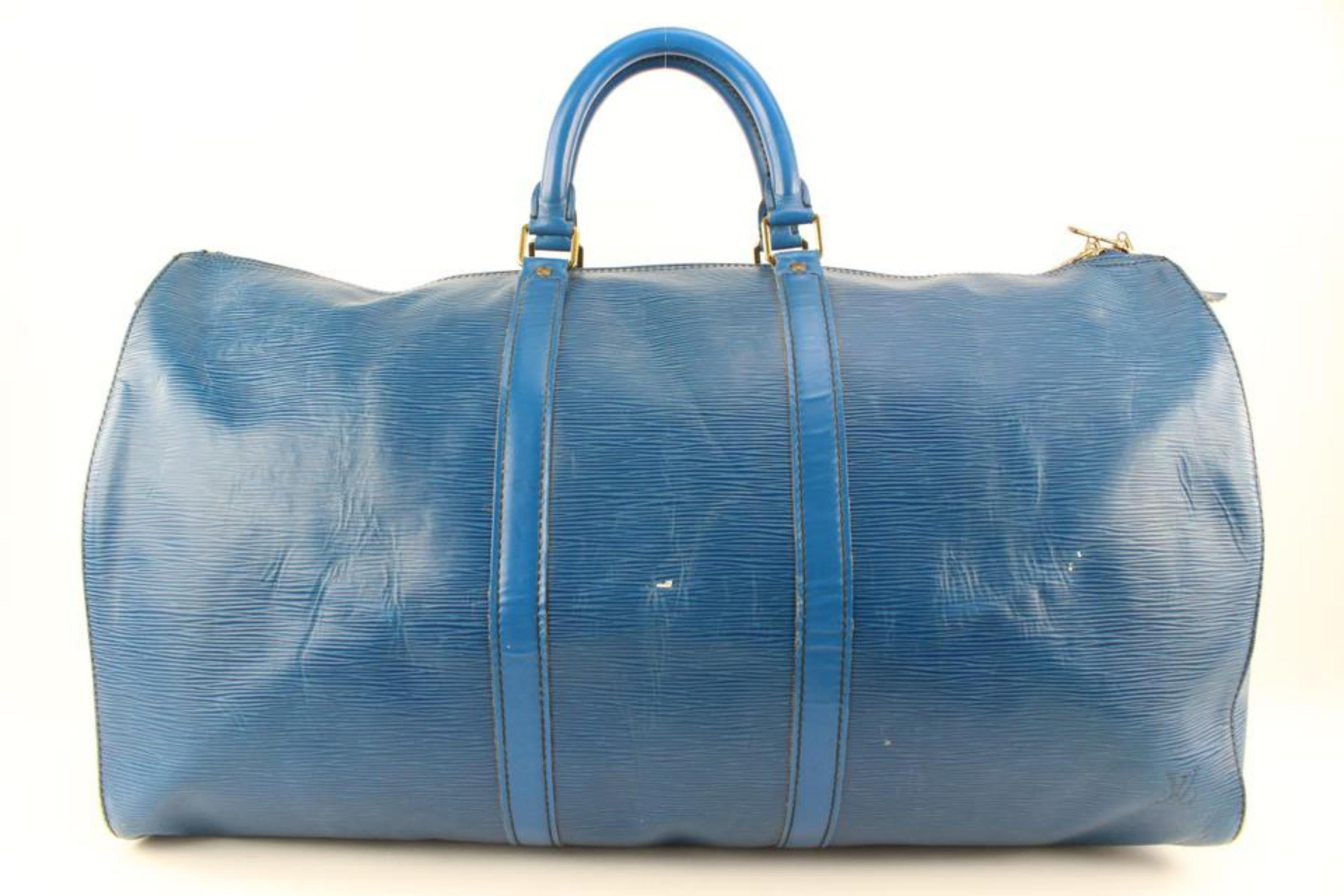 Louis Vuitton Blue Epi Leather Keepall 55 Duffle Bag 113lv48 For Sale 1