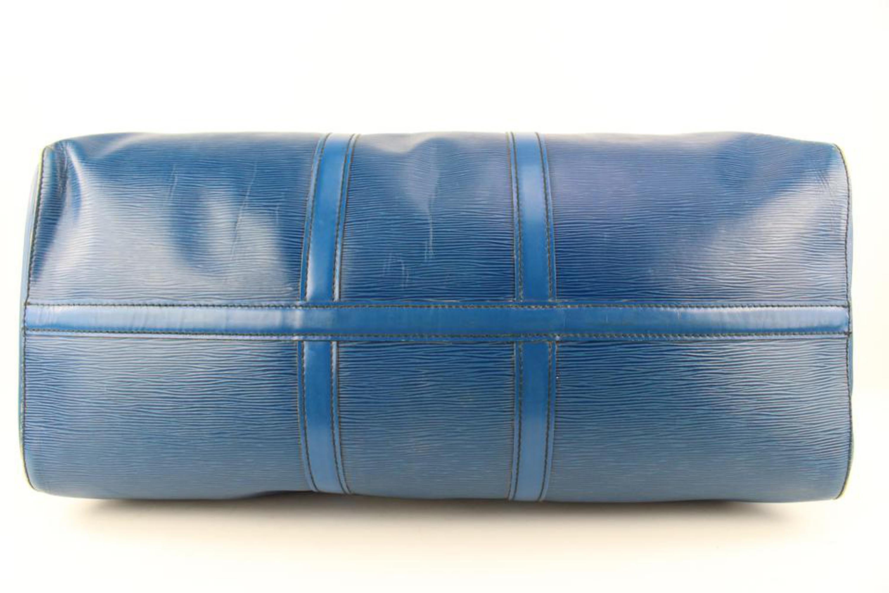 Louis Vuitton Blue Epi Leather Keepall 55 Duffle Bag 113lv48 For Sale 2