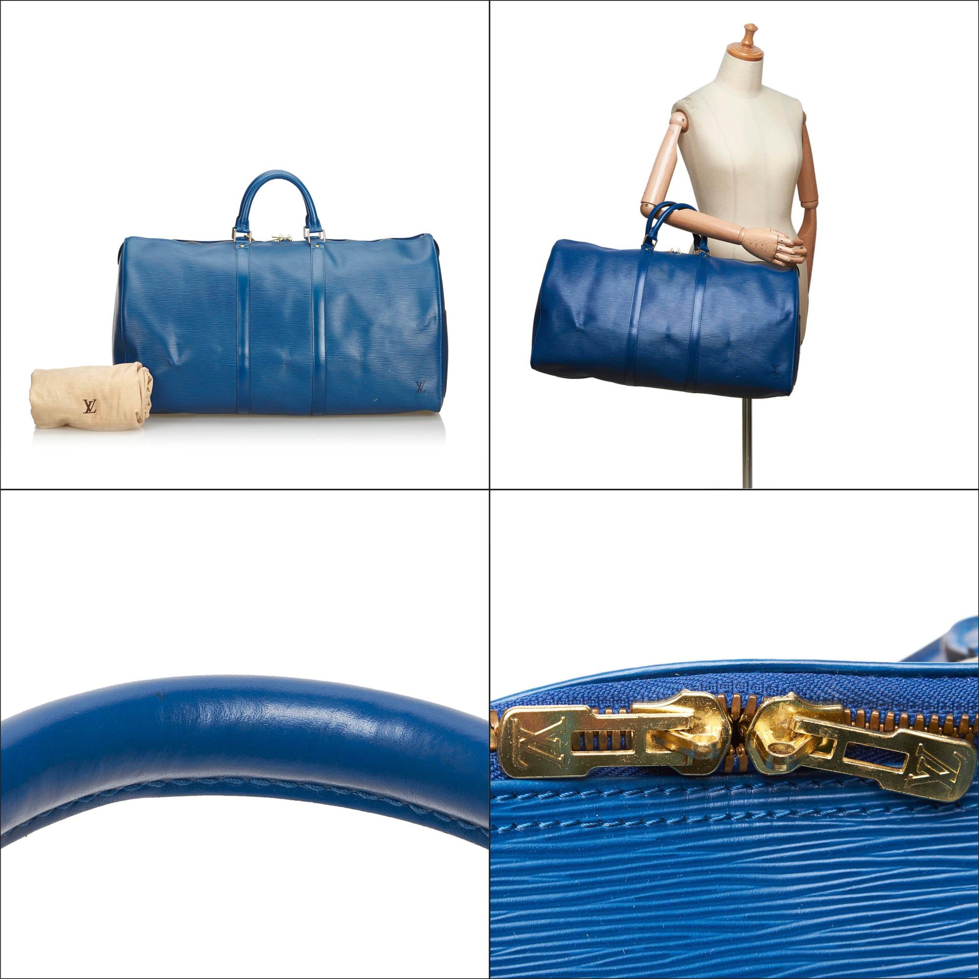Louis Vuitton Blue Epi Leather Leather Epi Keepall 55 France w/ Dust Bag For Sale 9