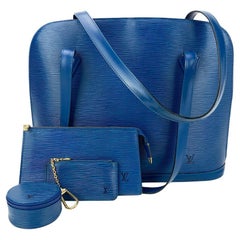 Retro Louis Vuitton Blue Epi Lussac Tote Pochette Wallet and Jewelry Pouch