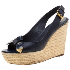 Louis Vuitton Blue Espadrille Slingback Wedges Platform Sandals Size 38.5