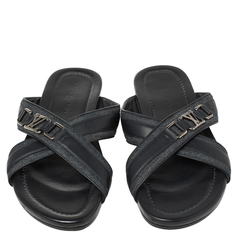 Black Louis Vuitton Blue Fabric and Leather Hamptons Thong Sandals Size 45.5