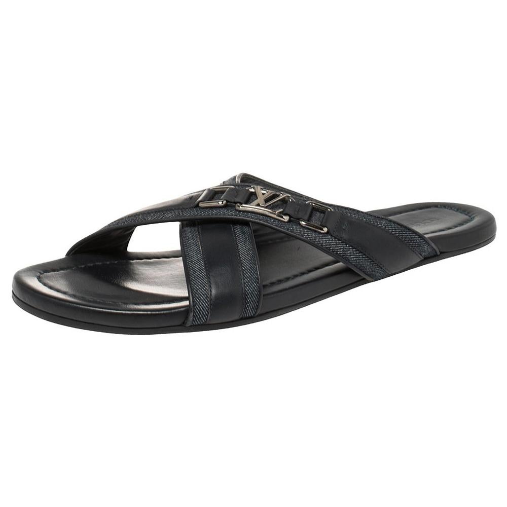 Louis Vuitton Blue Fabric and Leather Hamptons Thong Sandals Size 45.5