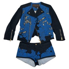 Completo in denim blu con stampa floreale e leopardata di Louis Vuitton, taglia 34