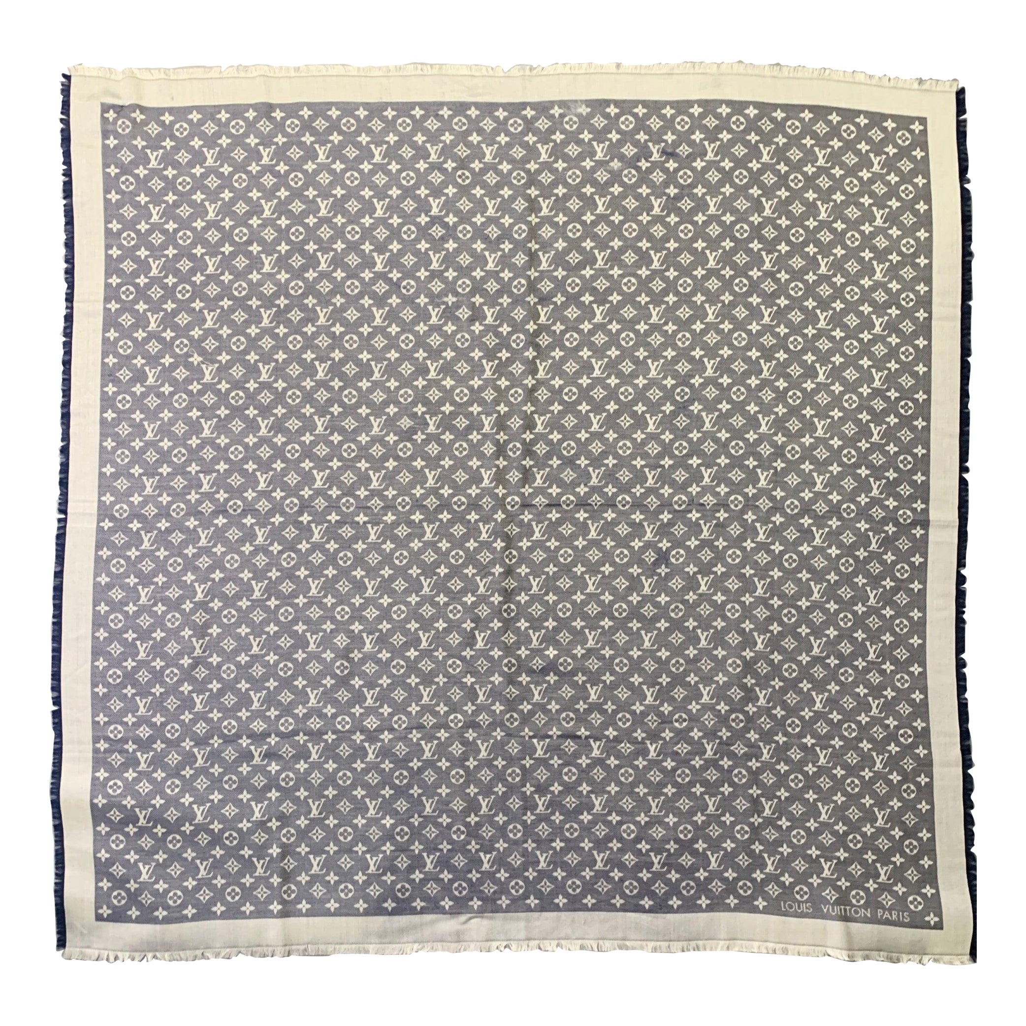 LOUIS VUITTON Blue Grey Monogram Silk Wool Square Fringe Scarf Shawl