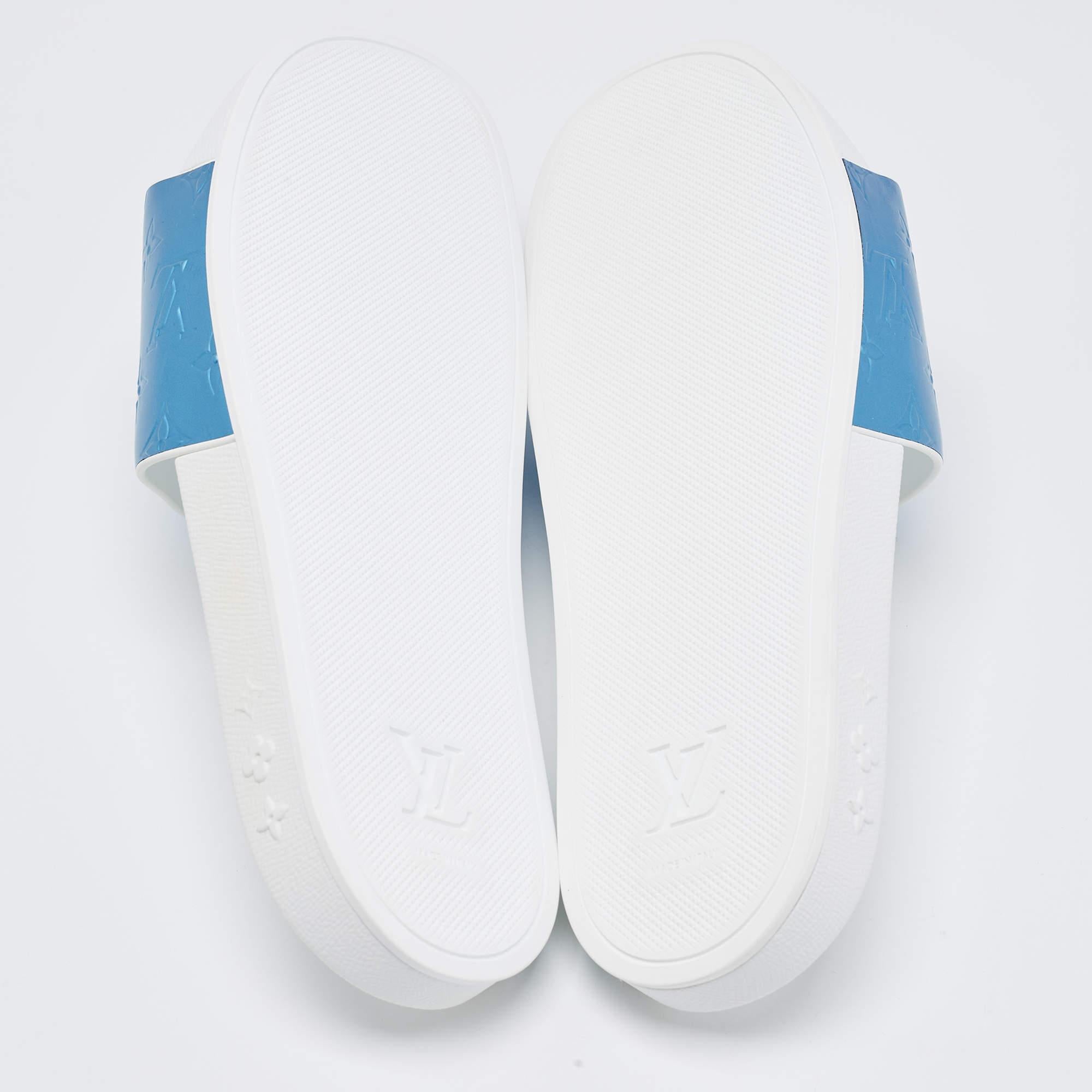 Louis Vuitton Blue/Grey Rubber Flat Slides Size 45 1