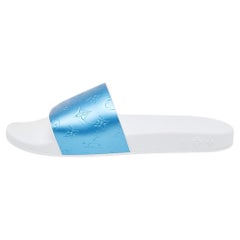 Used Louis Vuitton Blue/Grey Rubber Flat Slides Size 45