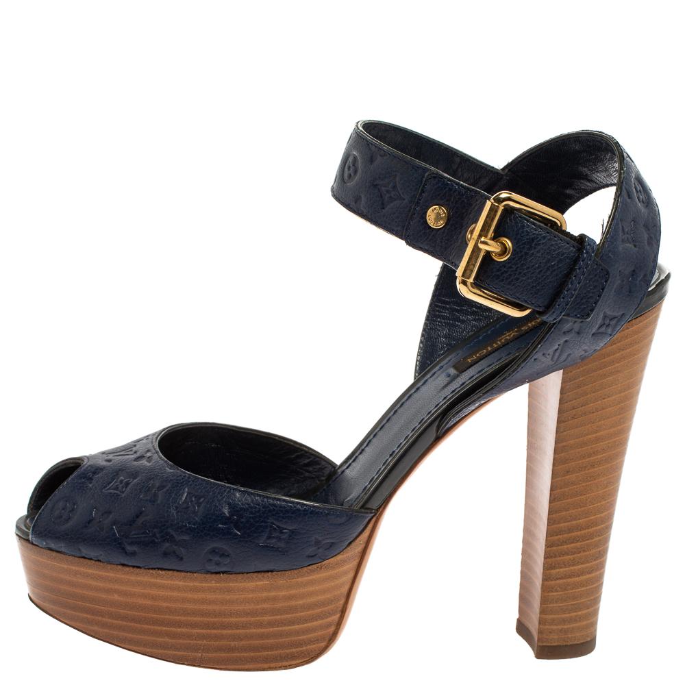 Women's Louis Vuitton Blue Infini Monogram Empreinte Leather Ankle Strap Sandals Size 38