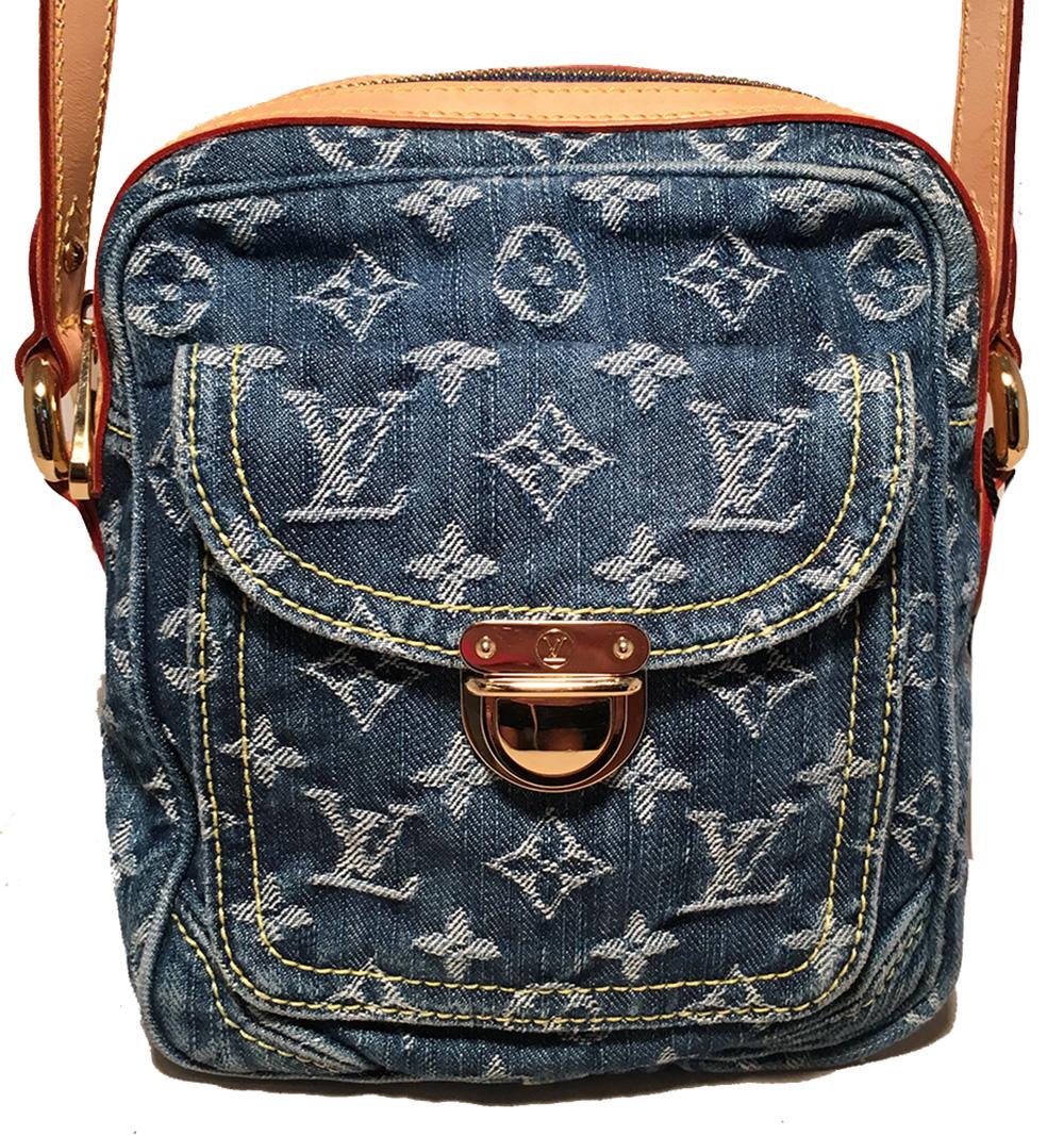 Louis Vuitton Blue Jean Denim Monogram Camera Crossbody Shoulder Bag in excellent condition. Blue jean denim monogram exterior trimmed with tan leather and gold hardware. Front latch flap pocket and adjustable leather shoulder strap to wear as a
