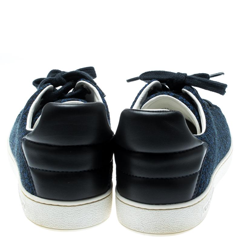 Louis Vuitton Blue Knit Fabric And Black Leather Front Row Lace Up Sneakers 39.5 In Good Condition In Dubai, Al Qouz 2
